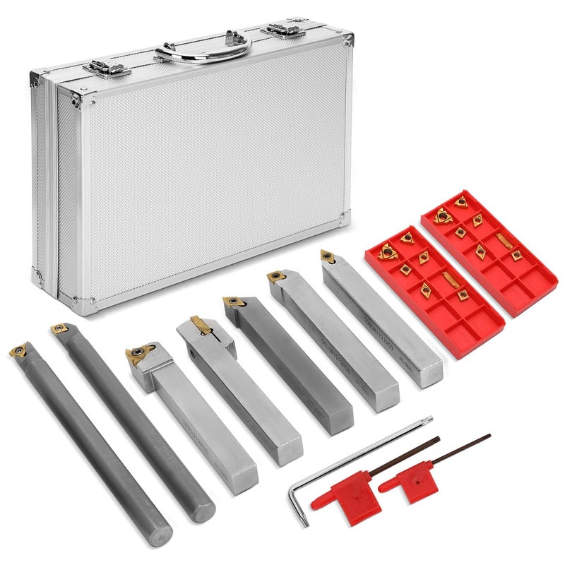 Joogto Indexable Lathe Turning Tool 21Pcs Kit 1/2'' 12mm Shank 7Pcs Metal Lathe Tools Holder Set & 14Pcs Turning Inserts for Turning Grooving Threading Boring, Lathe Tooling Ideal as Gift with Aluminum Box - Image 1